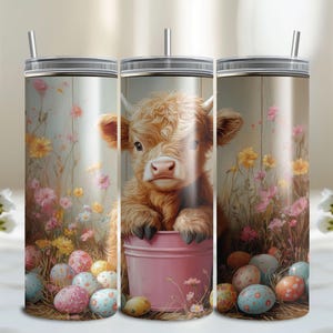 Easter Highland Cow Tumbler Wrap PNG, 20 oz Sublimation Design, Cute Cow with Eggs, Spring Digital Download, Farm Animal Tumbler Wrap