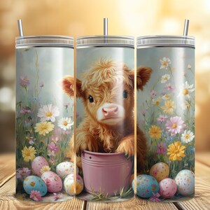 Easter Highland Cow Tumbler Wrap PNG, 20 oz Sublimation Design, Cute Cow with Eggs, Spring Digital Download, Farm Animal Tumbler Wrap