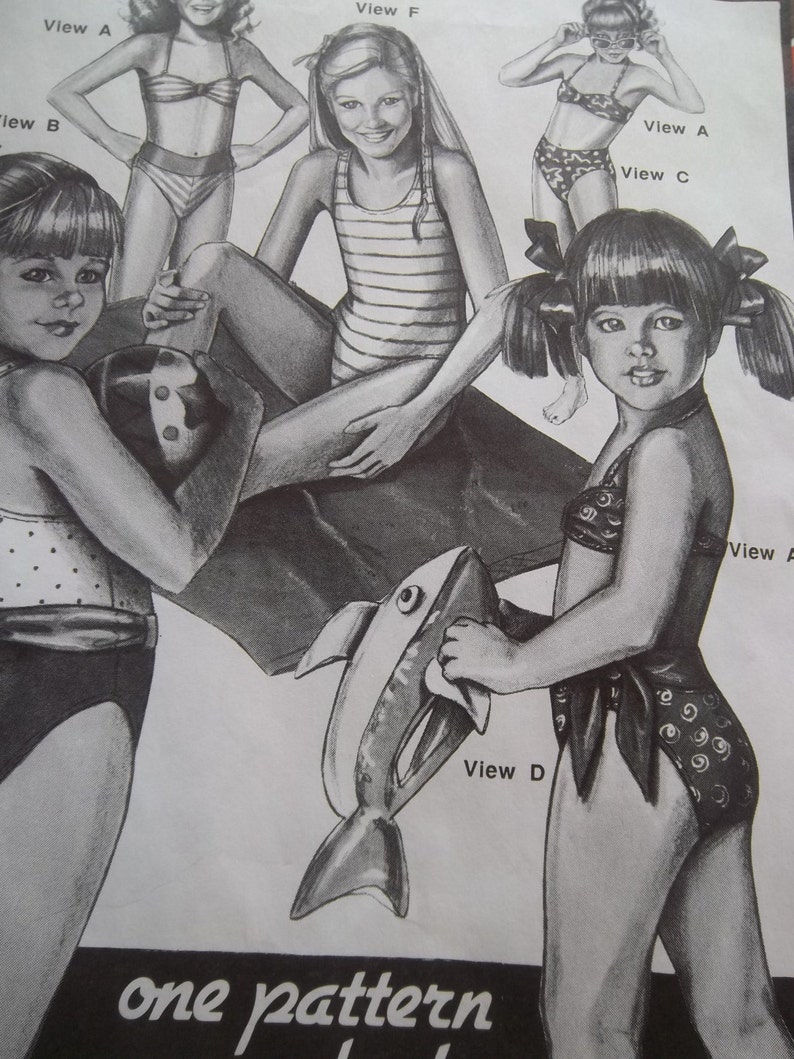 SALE Vintage Stretch & Sew 1276 Girls' Bikini and Maillot Swimsuits Chest Sizes: 21 23 25 27 29 31 Uncut Pattern image 1