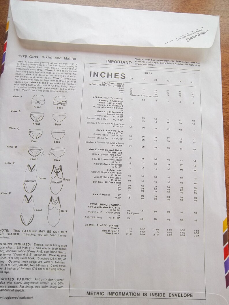 SALE Vintage Stretch & Sew 1276 Girls' Bikini and Maillot Swimsuits Chest Sizes: 21 23 25 27 29 31 Uncut Pattern image 3