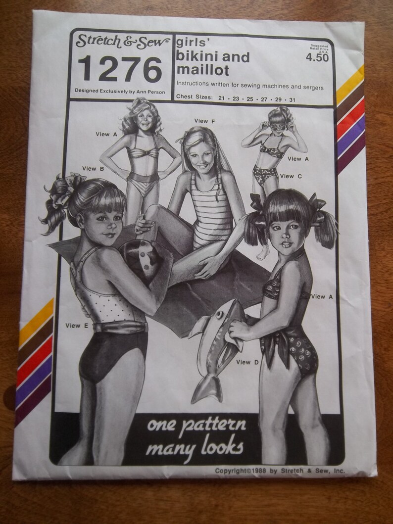 SALE Vintage Stretch & Sew 1276 Girls' Bikini and Maillot Swimsuits Chest Sizes: 21 23 25 27 29 31 Uncut Pattern image 2