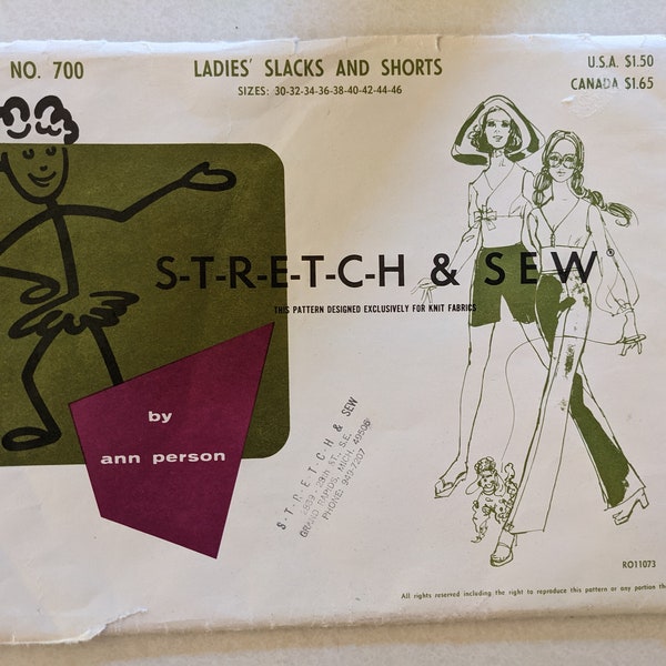 Vintage - Stretch & Sew Pattern No. 700 - Ladies Slacks and Shorts -Sizes: 30, 32, 34, 36, 38, 40, 42, 44, 46 - Uncut Pattern - Quick Sew