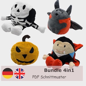 May include: A bundle of four plush Halloween-themed toys. Includes a skeleton, a bat, a jack-o'-lantern, and a vampire. The toys are made of soft fabric in various colors, including black, white, orange, and red. The text "Bundle 4in1" and "PDF Schnittmuster" is also visible.