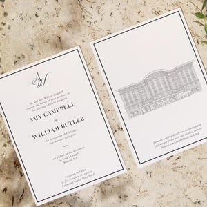 Custom Venue Illustration Wedding Invitations, Modern Formal Typography Wedding Invites, Classic Monogram Invite, Personalized Line Drawing