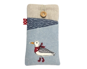 Padded Seagull Phone Sleeve, iPhone 15 Pro, Samsung S23 Ultra, Pixel 8 Pro, Custom Sizes, With Card Pockets