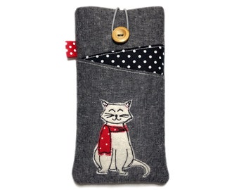 Padded Cat Phone Sleeve, Custom Sizes, iPhone 15 Pro, Samsung Galaxy S24 Cover, Fabric Mobile Pouch.