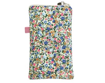 Blue Floral Phone Pouch, Zipped Padded Mobile Phone Bag, Fabric Pouch, 3 Sizes Available