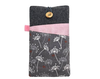 Floral padded phone sleeve. Custom Fit. Pink and grey wildflowers. Fabric mobile pouch. iPhone 15. Galaxy S24 Ultra. Oneplus 12. Nokia.