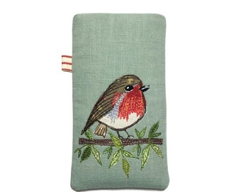 Robin Glasses Case, Soft and Padded, Garden Bird Spectacles Pouch in Green Linen.