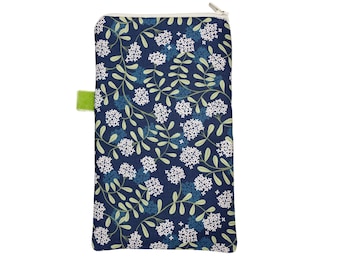 Blue Floral Phone Sleeve with White Flowers. Custom Sizes. Zipped Tech Pouch.