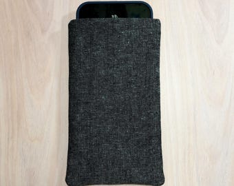 Custom Sized Phone Sleeve. Black Linen Fabric Phone Pouch