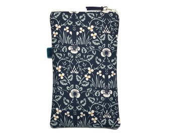 Navy Floral Padded Phone Bag, William Morris, Zipped Mobile Phone Pouch, Pretty Fabric Pouch, 3 Sizes Available