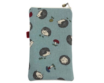 Hedgehog Phone Pouch, Blue Zipped Padded Mobile Bag, 3 Sizes Available