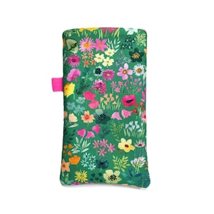 Green floral mobile pouch. Custom Sizes. Padded zipped phone sleeve.
