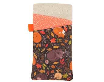 Woodland Phone Sleeve, Mobile Fabric Pouch, iPhone 14, Samsung Galaxy S23 Cover, Fox, Hedgehog, Bear