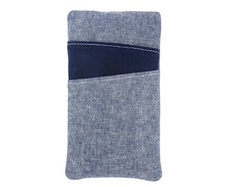 Padded Blue Linen Phone Sleeve, Handmade to fit any phone, Galaxy S24 Ultra, iPhone 15 Plus, Pixel 8 Pro, Motorola Moto etc.