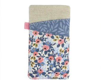 Floral Phone Sleeve, Blue and Pink Roses, iPhone 14 Pro Pouch, Galaxy S23 Plus Cover