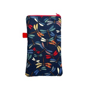 Blue Dragonfly Phone Pouch.  Handmade Zipped Mobile Sleeve.