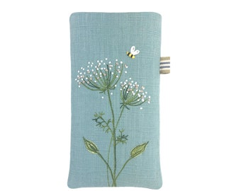 Cow Parsley Glasses Case, Hand Embroidered, Soft Sunglasses Pouch