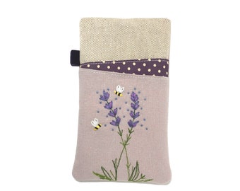 Lavender Mobile Phone Pouch. Padded Fabric Phone Sleeve. Custom Sizes. iPhone 15, Galaxy S24, Motorola, OnePlus 12, Pixel 8. Card Pockets.