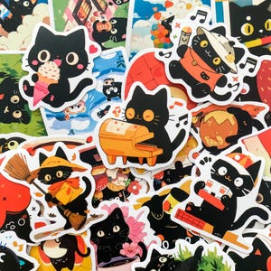 May include: A collection of colorful stickers featuring cartoon black cats in various poses. Some cats hold ice cream cones, play the piano, or wear hats. The stickers have a white border and are set against a background of other stickers.