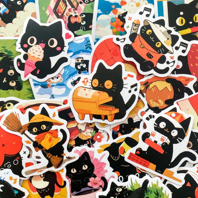 May include: A collection of colorful stickers featuring cartoon black cats in various poses. Some cats hold ice cream cones, play the piano, or wear hats. The stickers have a white border and are set against a background of other stickers.