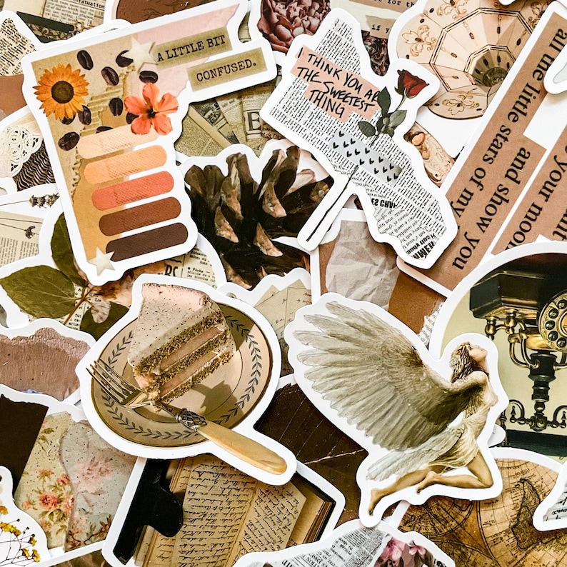 May include: A collection of vintage-style stickers with various designs. Includes a sunflower, coffee beans, a slice of cake, a winged figure, and text that reads "A LITTLE BIT CONFUSED" and "I THINK YOU ARE THE SWEETEST THING".