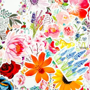 50PCS Watercolor Flower Stickers, Colorful Bouquet Sticker, Gentle Nature Sticker, Vibrant Garden Sticker for Planner, Water Bottle, Journal
