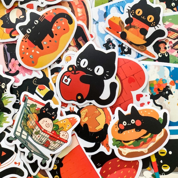 50PCS Cartoon Black Cat Sticker Pack, Cute Animal Stickers, Food Themed Stickers, Waterproof Stickers for Scrapbook, Journals, Cat Lovers