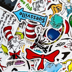 50 zufällige Dr. Seuss Aufkleber, Katze im Hut Aufkleber, Dr. Seuss Buchliebhaber Aufkleber, Charaktere Aufkleber, wasserdichtes Aufkleberpaket für Kinder