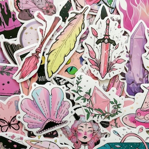 100PCS Magical Aesthetic Stickers, Pink Crystal Stickers, Gothic Witchy Stickers, Fantasy Stickers for Water Bottles, Journals, Scrapbooks