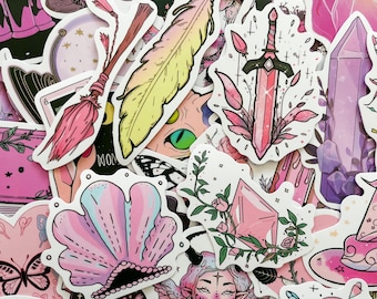100PCS Magical Aesthetic Stickers, Pink Crystal Stickers, Gothic Witchy Stickers, Fantasy Stickers for Water Bottles, Journals, Scrapbooks