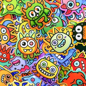 May include: A vibrant assortment of monster stickers in diverse shapes and sizes. The stickers depict cartoon monsters with multiple eyes, spiky hair, and wide smiles. The colour scheme includes shades of green, orange, yellow, blue, and purple.