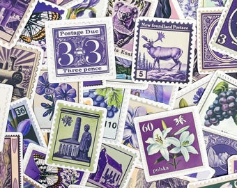 50PCS Vintage Purple Flower Stamp Stickers, Lavender Aesthetic Stickers, Elegant Botanical Stickers, Classic Postage Stickers for Sketchbook