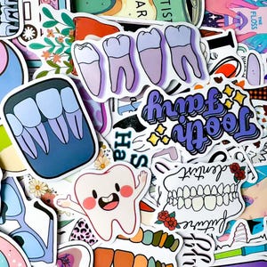 May include: A selection of vibrant stickers featuring dental and tooth-related designs. The stickers include cartoon teeth, 'Tooth Fairy' text, and dental illustrations. The stickers are in various shapes and sizes, with a mix of bright and pastel colours.