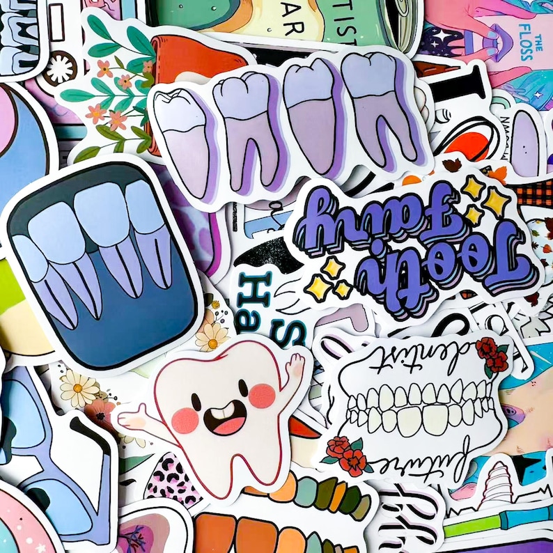 Natural Tooth Sticker 50PCS Cute Tooth Stickers, Smiling Dental Stickers, Colorful Cartoon ...