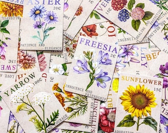 50PCS Vintage Floral Postage Stickers, Playful Sunflower Stickers, Soft Botanical Stickers, Romantic Garden Stickers for Notebook, Suitcases