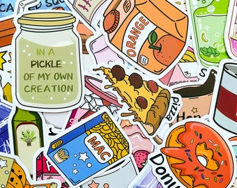 May include: A collection of colorful stickers featuring food and drink illustrations. Stickers include a jar with the text "IN A PICKLE OF MY OWN CREATION", a pizza slice, an orange juice box, a donut, and a box of mac and cheese.