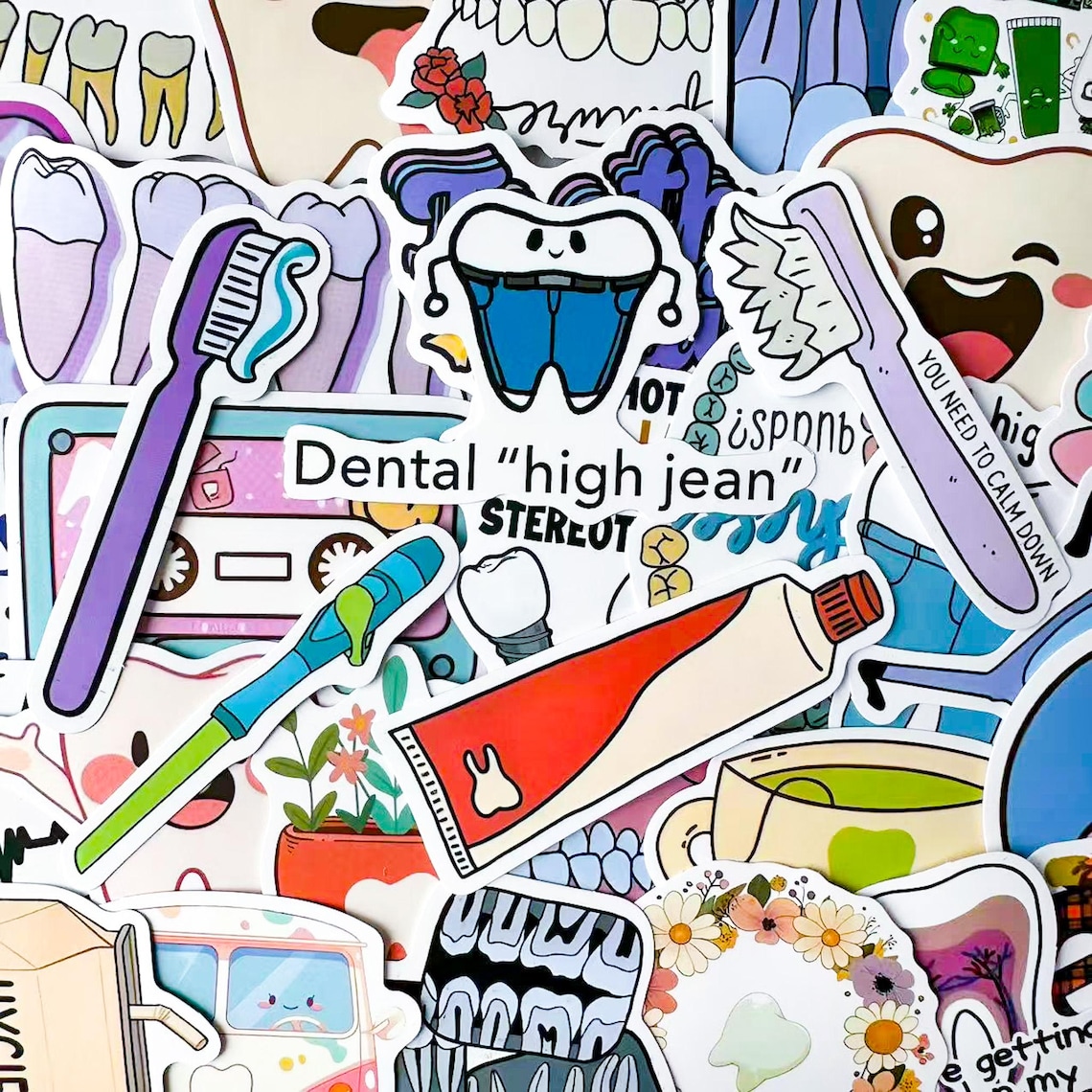 Natural Tooth Sticker 50PCS Cute Tooth Stickers, Smiling Dental Stickers, Colorful Cartoon ...
