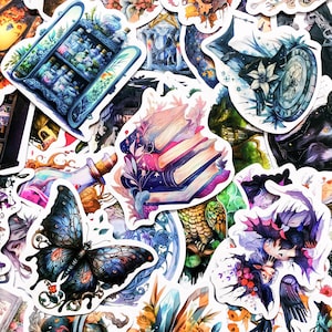 May include: A collection of fantasy-themed stickers featuring watercolor illustrations. Designs include a butterfly, stacked books, potion bottles, a clock, and other mystical elements. The stickers have a white border and are suitable for various crafting projects.