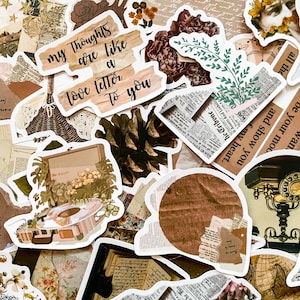 May include: A collection of vintage-style stickers with a collage aesthetic. The stickers feature various designs, including text that reads "My thoughts are like a love letter to you," floral elements, newspaper clippings, and a record player illustration. The color palette is primarily brown and beige.