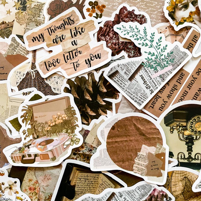 May include: A collection of vintage-style stickers with a collage aesthetic. The stickers feature various designs, including text that reads "My thoughts are like a love letter to you," floral elements, newspaper clippings, and a record player illustration. The color palette is primarily brown and beige.