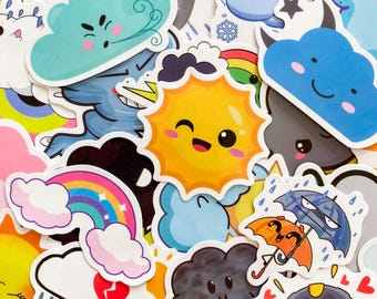 50PCS Weather Stickers, Cartoon Cloud Rainbow Stickers, Kawaii Meme Designs Stickers, Waterproof Stickers for Water Bottles, Scrapbooks