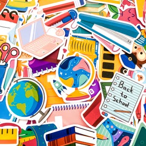 May include: A selection of vibrant school-themed stickers. The stickers feature a laptop, stapler, globe, scissors, pencils, and a notepad with "Back to School" written on it. The stickers are in various shapes and sizes.