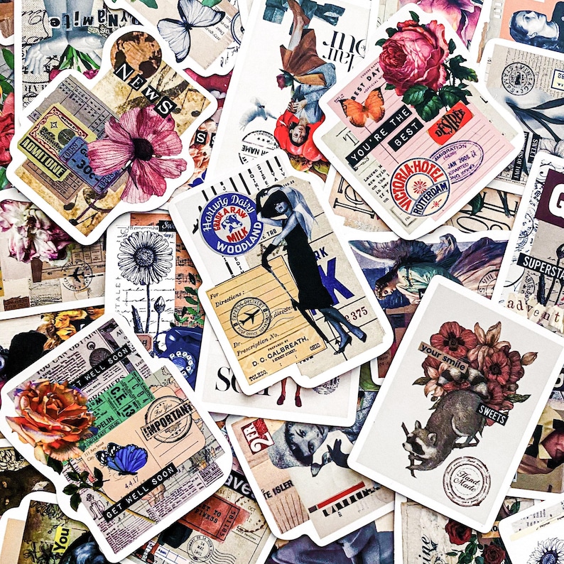 100PCS Aesthetic Vintage Stickers, Floral Collage Stickers, Retro ...