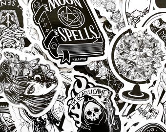 50 Random Gothic Stickers Pack, Witchcraft Stickers, Skull Stickers, Aesthetic Black and White Stickers, Waterproof Stickers for Scrapbook