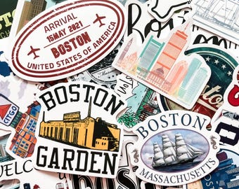 May include: A collection of colorful stickers featuring Boston landmarks and travel-themed designs. Stickers include images of the Boston skyline, a sailing ship, and the text "Boston Garden" and "Arrival 15 May 2021 Boston United States of America".
