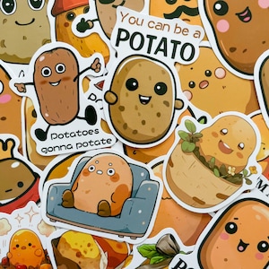 May include: A selection of potato-themed stickers in various designs. The stickers depict cartoon potatoes with different expressions and poses. Some stickers include the phrases "You can be a POTATO" and "Potatoes gonna potate".