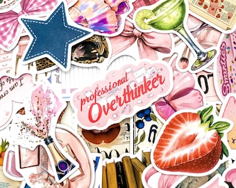 50PCS Pink Glitter Bow Stickers, Sweet Strawberry Treat Stickers, Romantic Love Word Stickers, Soft Retro Aesthetic Sticker for Water Bottle