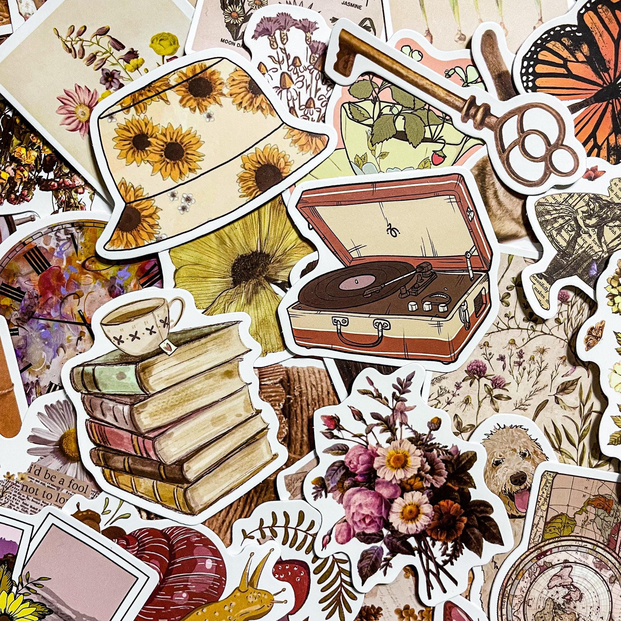 50 Stück Vintage Natur Aufkleber, Cottagecore Journaling Aufkleber, Retro Schmetterling Aufkleber, Blumenästhetik, Botanische Scrapbooking Aufkleber